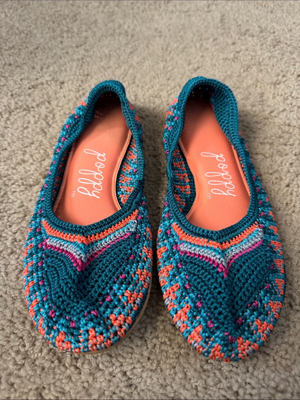 Poppy Teal Crochet Slip-On Ballet Flats with Coral & Pink Accents